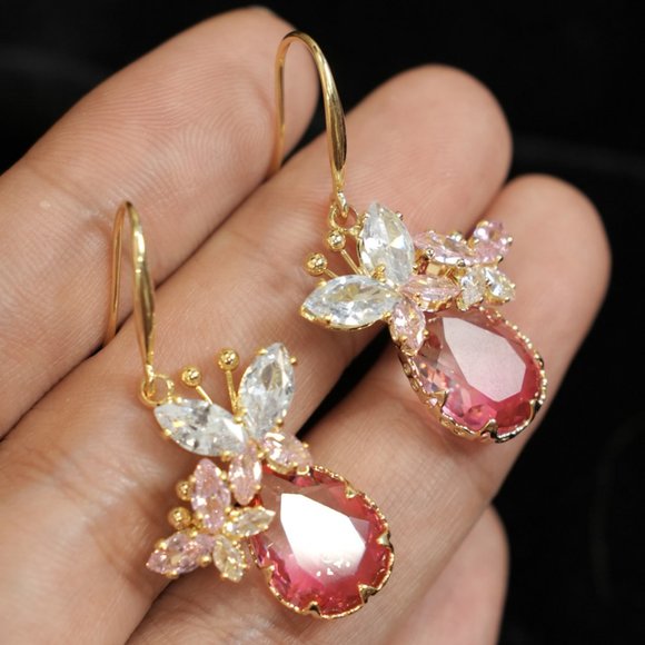 Zircon Rose Quartz Butterfly Drop Earrings - Picture 9 of 11